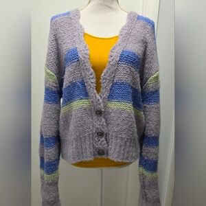 Free People Size S Fine Time Stipe Button V Neck Oversized Wool Alpaca Cardigan